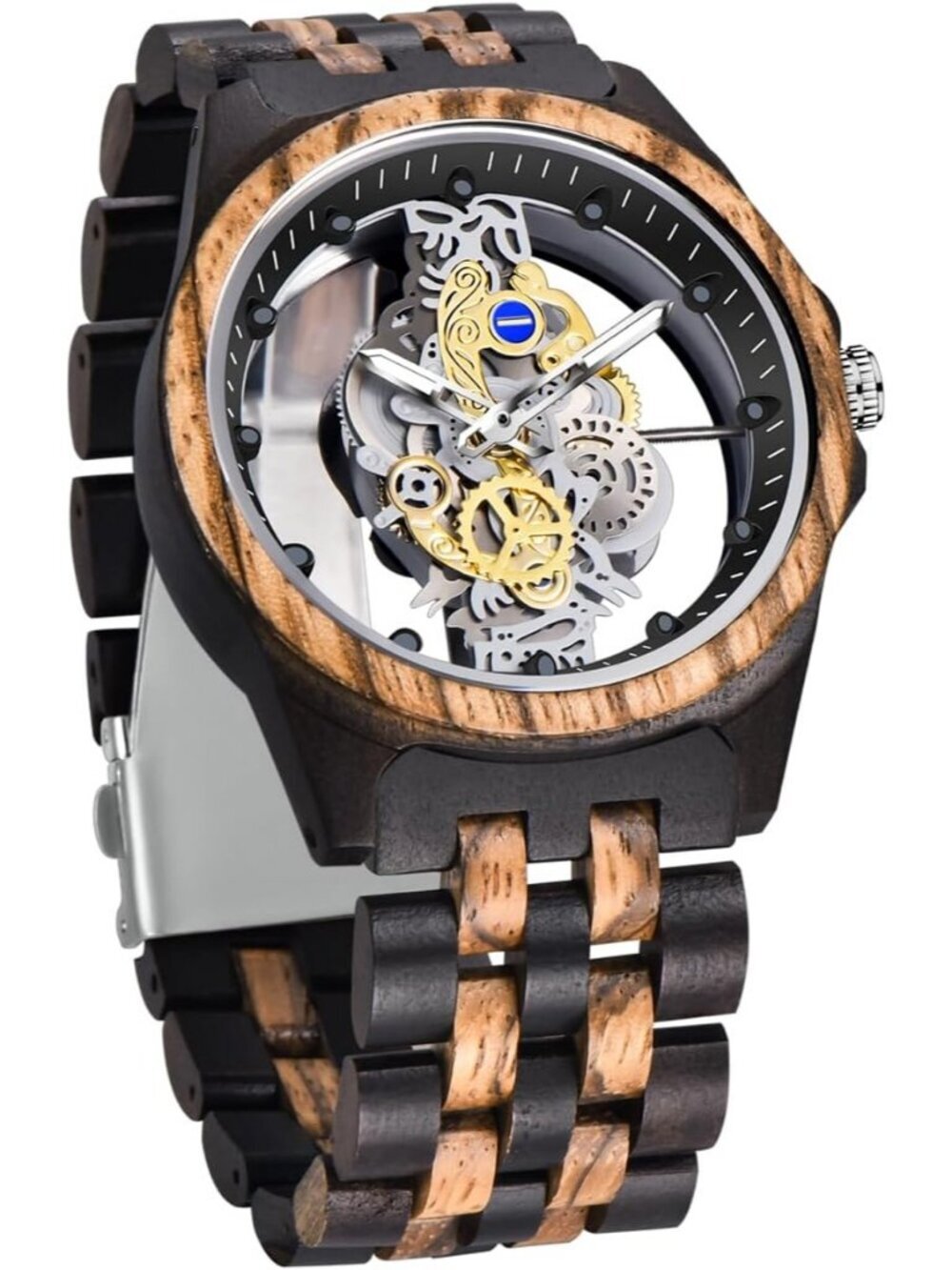 Mens Black Brown Skeleton Buckle Analog Quartz Classic Sports Round Wooden Watch